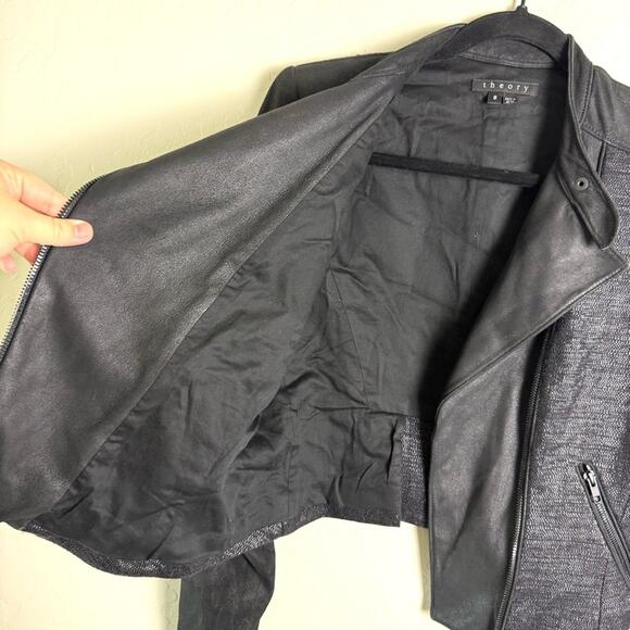 Theory Black Scheli Cross Hatch Silk Goat Leather Moto Jacket Size 8 B0602101 - Picture 4 of 16